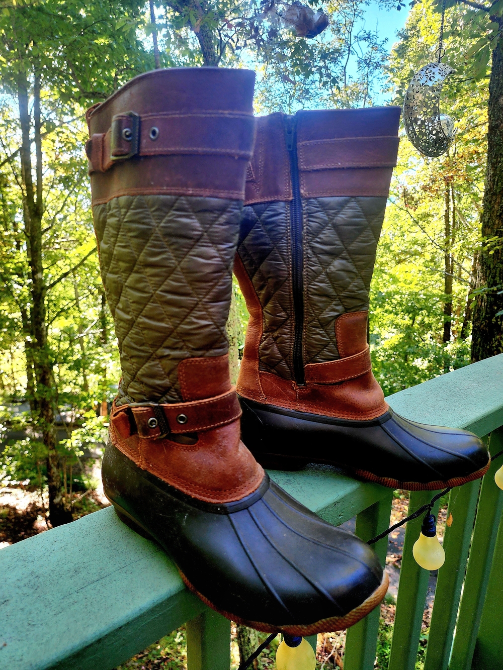 Sperry Brown And Green Quilted & Black Rubber Duck Boots